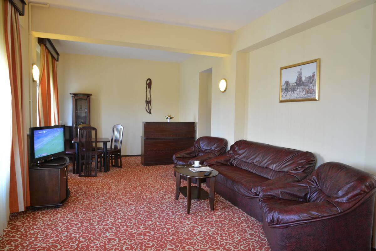 Una sala de estar con un sofá, un televisor, un mueble y una alfombra estampada.