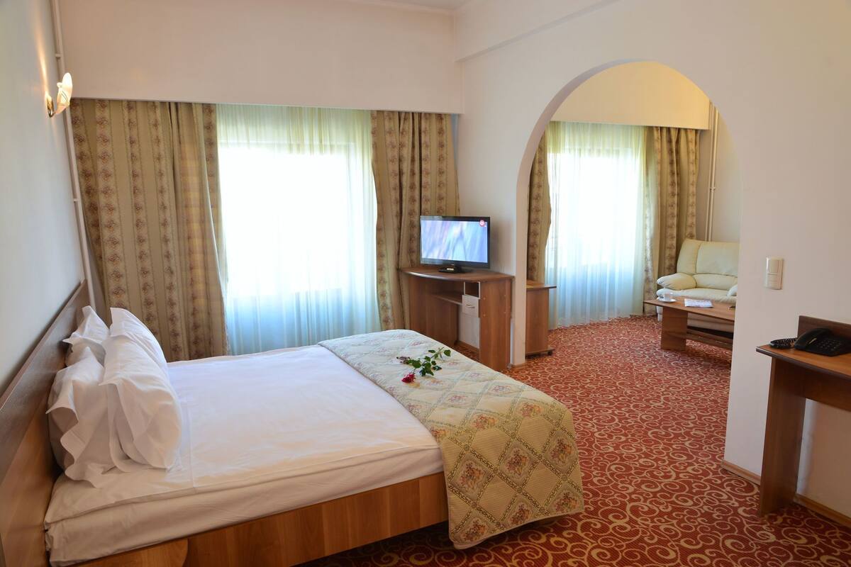 Una habitación de hotel con una cama, un escritorio con televisor, un sofá y una alfombra estampada.