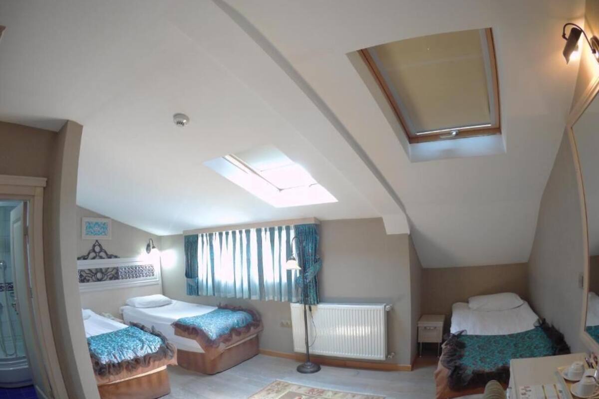 A room with two beds, a skylight, a radiator, and a small table.