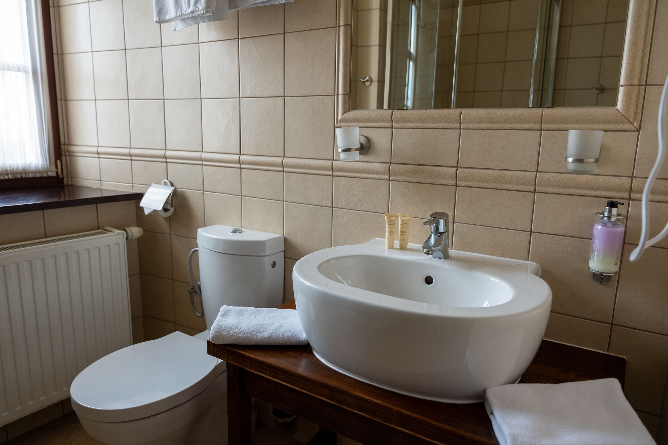 Un baño con un inodoro blanco, un lavabo blanco y un espejo sobre el lavabo.