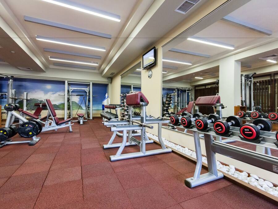 A gym with various weightlifting equipment, mirrors, and a red carpeted floor.