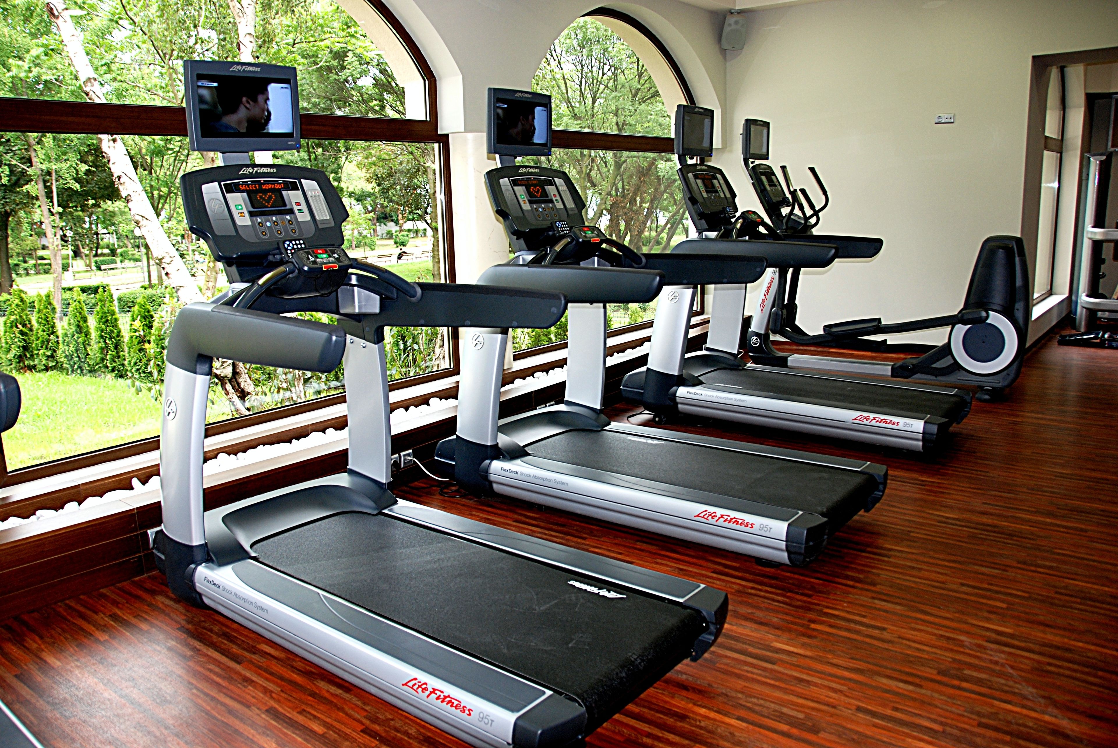 Varias cintas de correr con pantallas digitales, ubicadas en un espacio con amplias ventanas y suelo de madera.