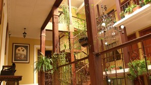 Un interior espacioso con una escalera de madera, plantas colgantes y un candelabro.