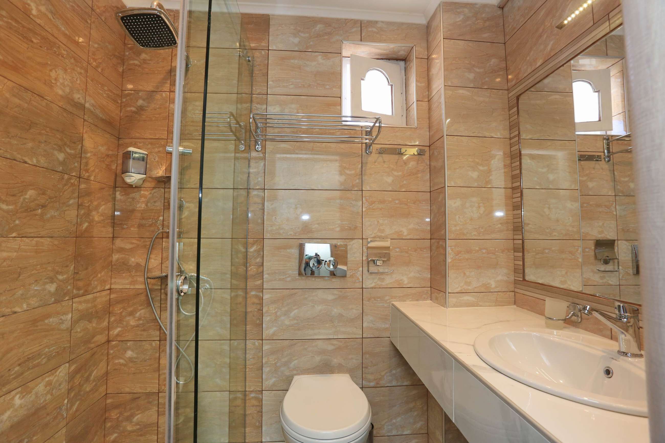 A modern bathroom with a glass shower enclosure, a toilet, and a sink with a large mirror.