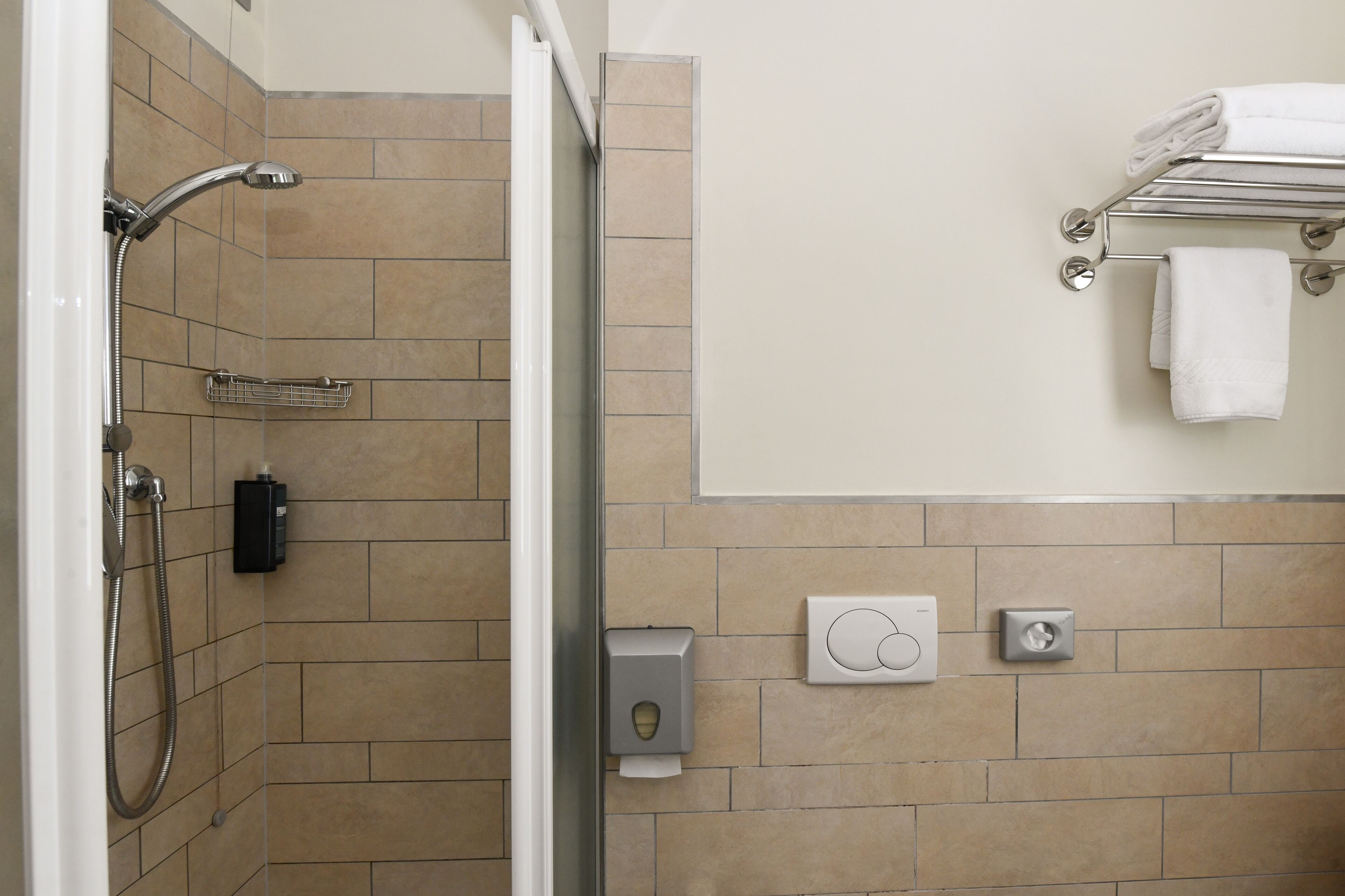 shower, hair dryer, bidet, towels