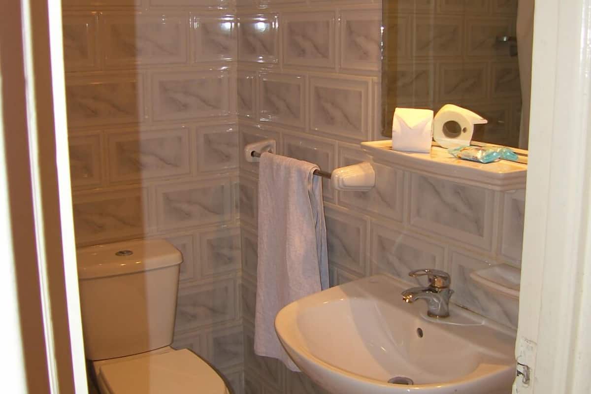 combined shower/bathtub, hair dryer, towels