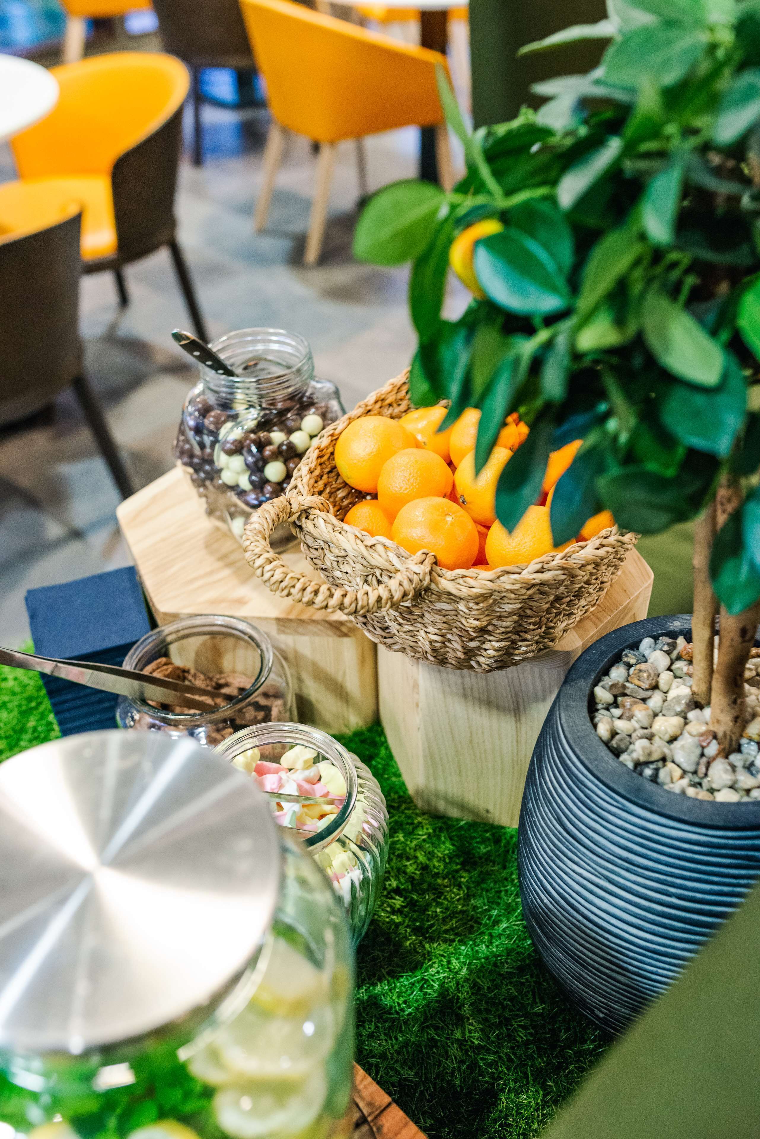 Una mesa con una cesta de naranjas, una planta en maceta y frascos con alimentos.