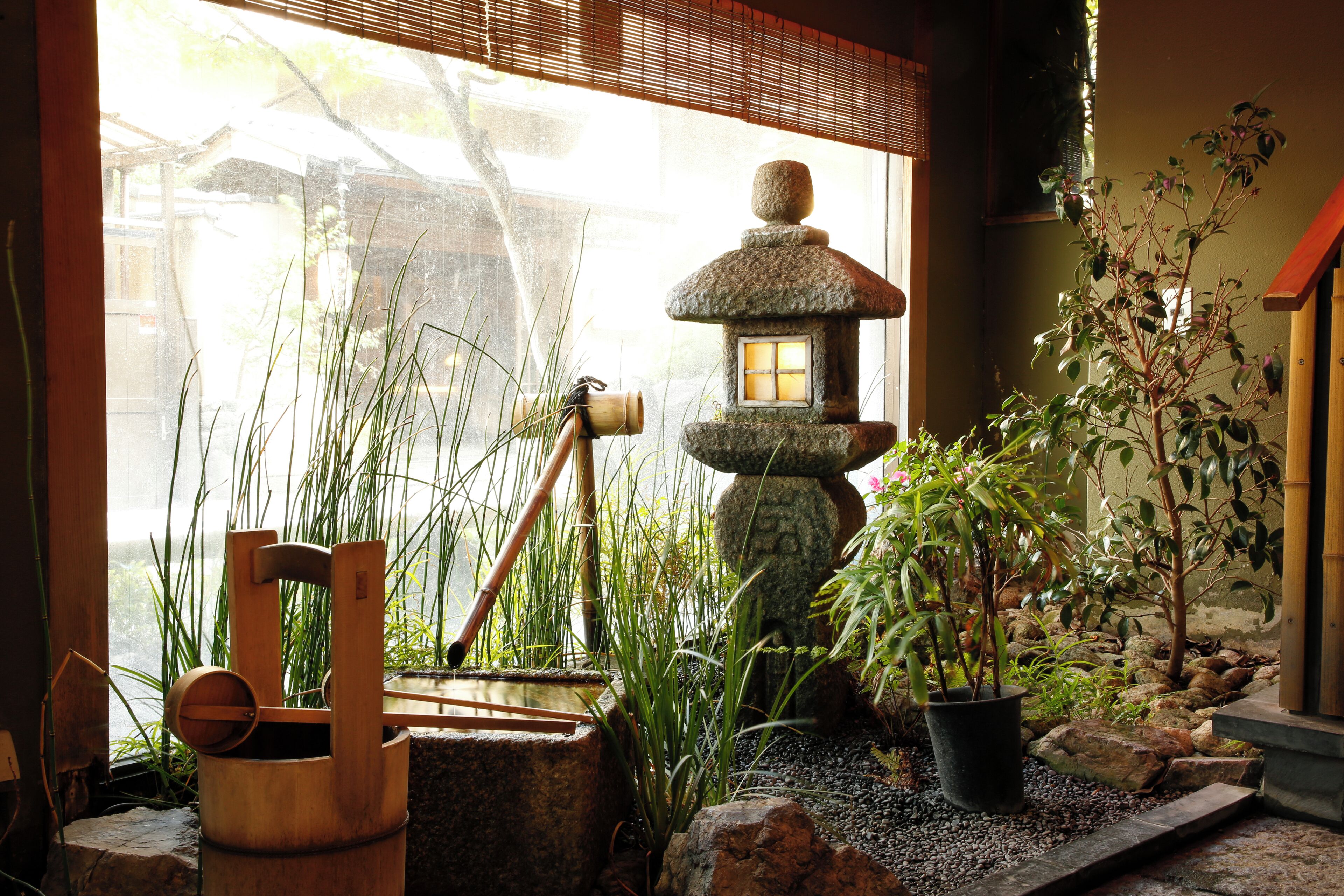 A traditional Japanese garden with a stone lantern, bamboo water feature, and various plants.