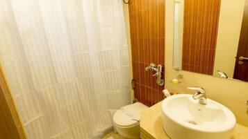 A bathroom with a toilet, sink, and mirror.