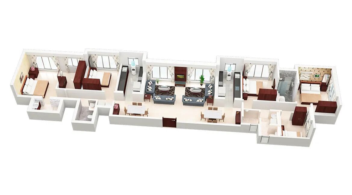 Een 3D-plattegrond van een hotel met meerdere slaapkamers, een zithoek, een eetgedeelte en een keuken.