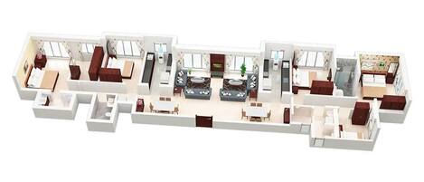 Un plano de planta en 3D de un hotel con varias habitaciones, una sala de estar, un comedor y una cocina.