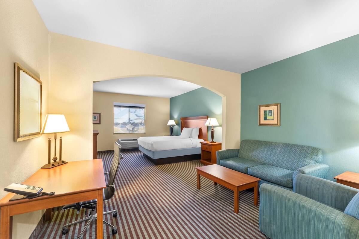 Una habitación de hotel con cama, escritorio, silla, sofá y lámpara.