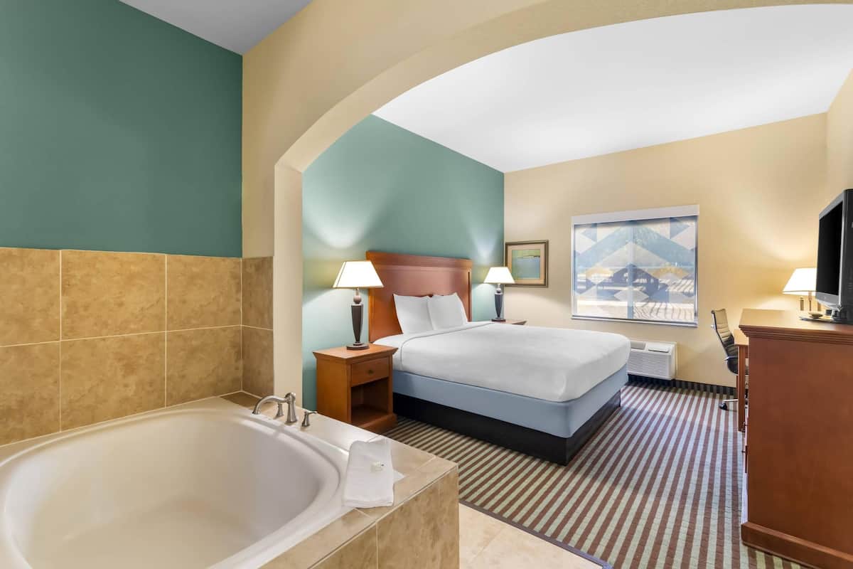 Habitación de hotel con una bañera grande, dos camas, un escritorio y un televisor.