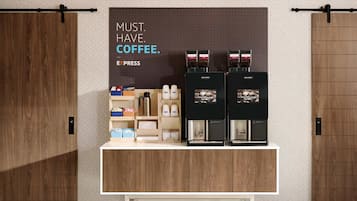 A coffee station with two coffee machines, a coffee press, and various coffee-related items.