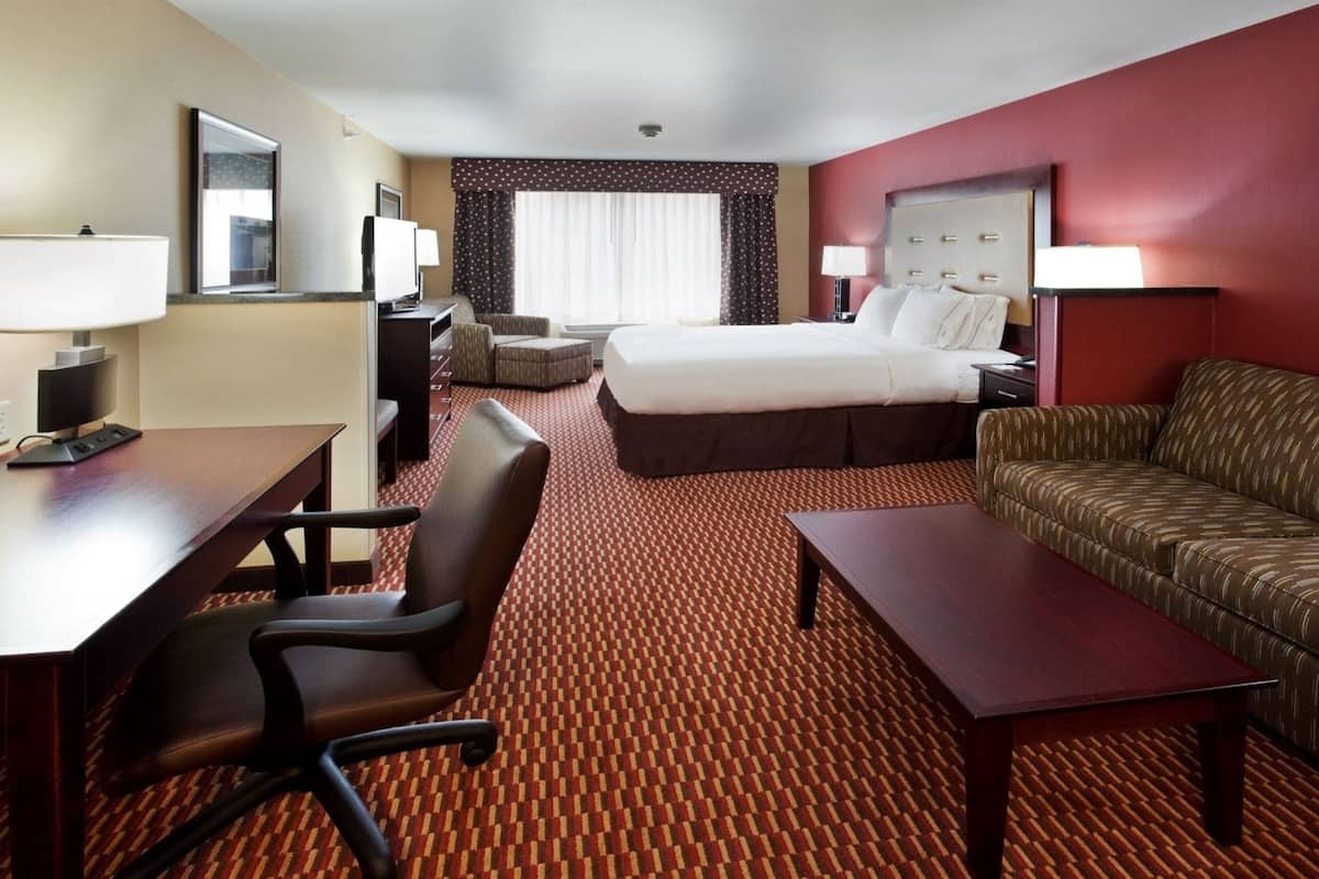 A hotel room with a bed, a sofa, a desk, and a chair.