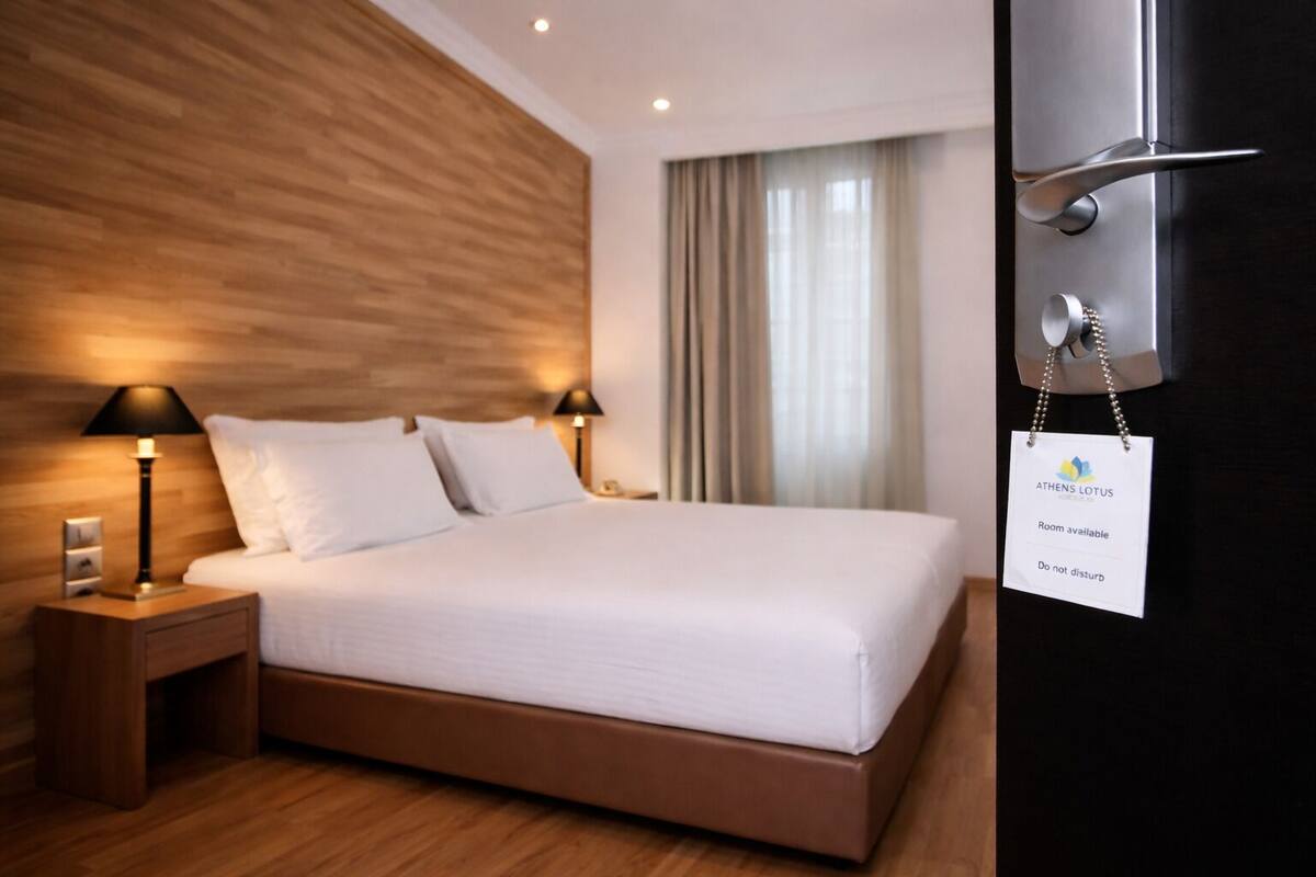 A hotel room with a wooden headboard, a bed with white linens, two bedside lamps, a nightstand, a black door with a sign, and a window with curtains.
