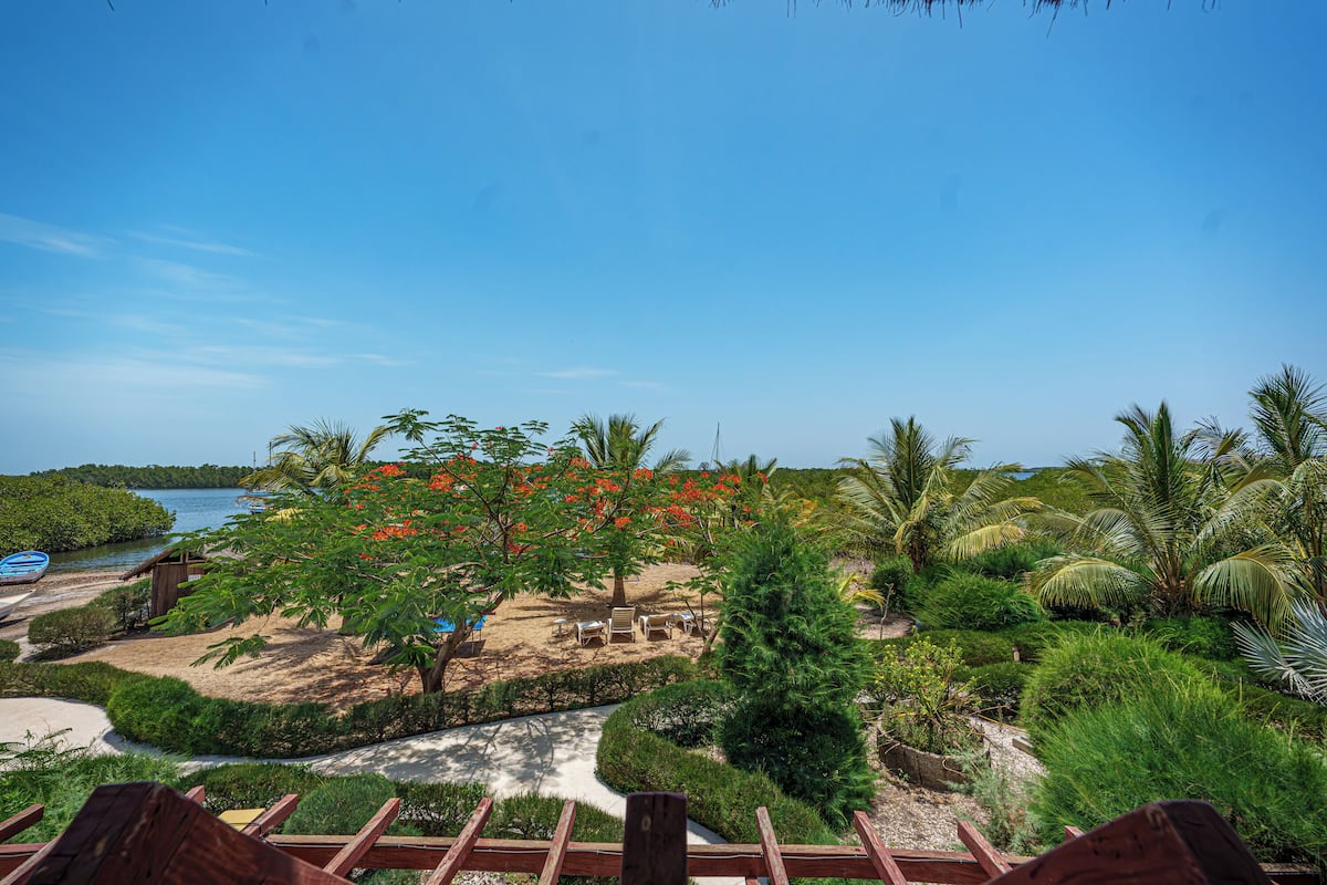 A tropical resort with a beach, palm trees, and a view of the water.