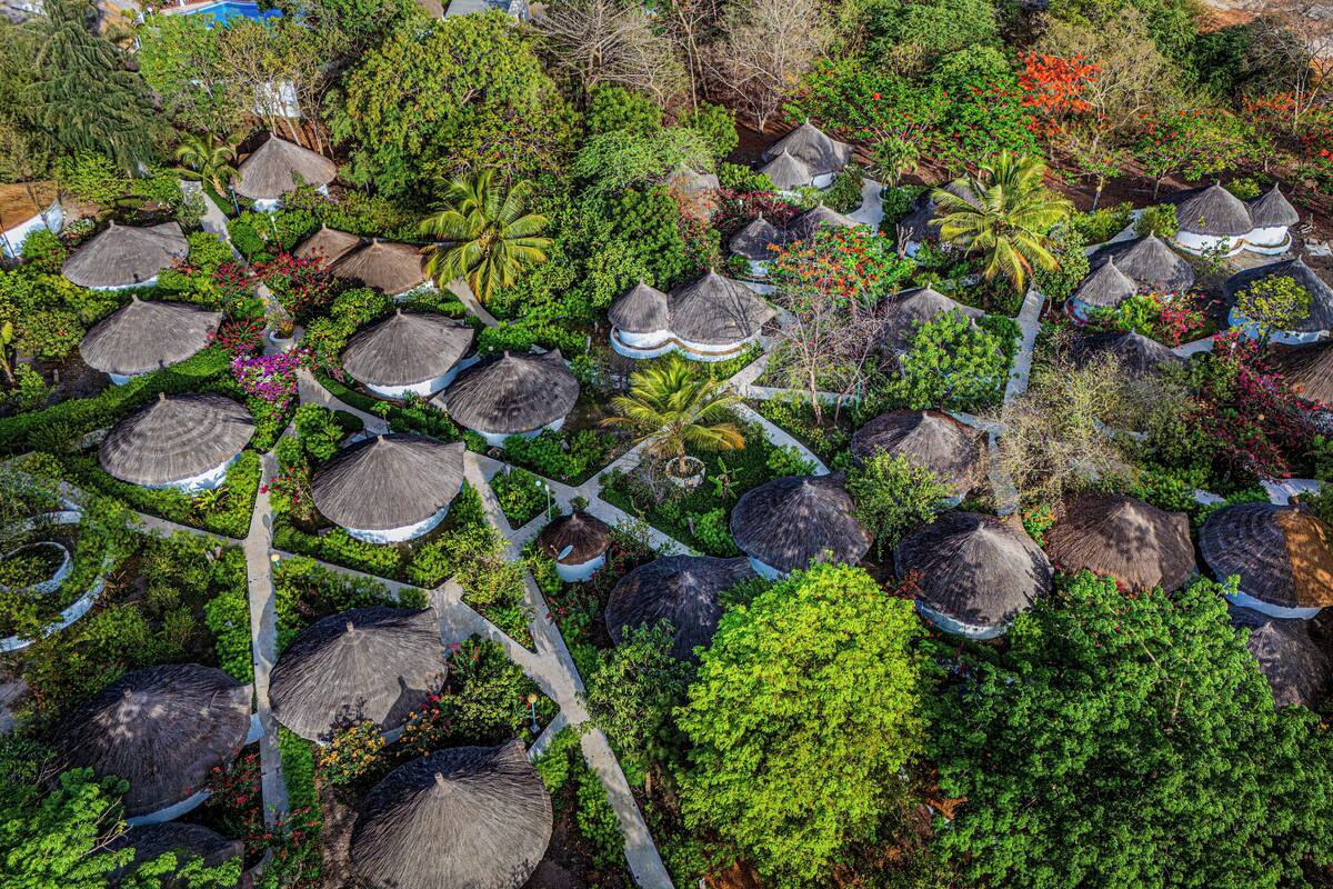 An aerial view of a resort with thatched-roof huts arranged in a grid pattern, surrounded by lush greenery and palm trees.