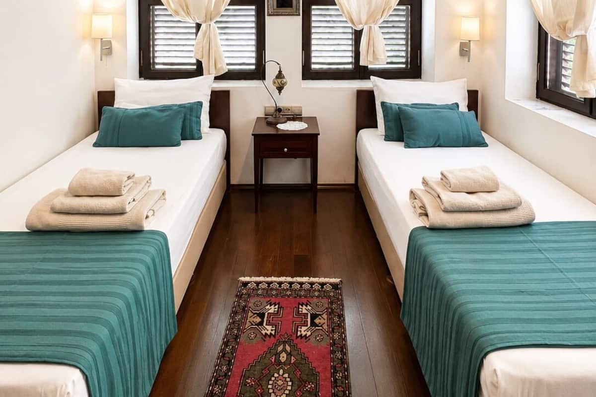 A double room with two beds, a small table, two bedside lamps, and a rug.
