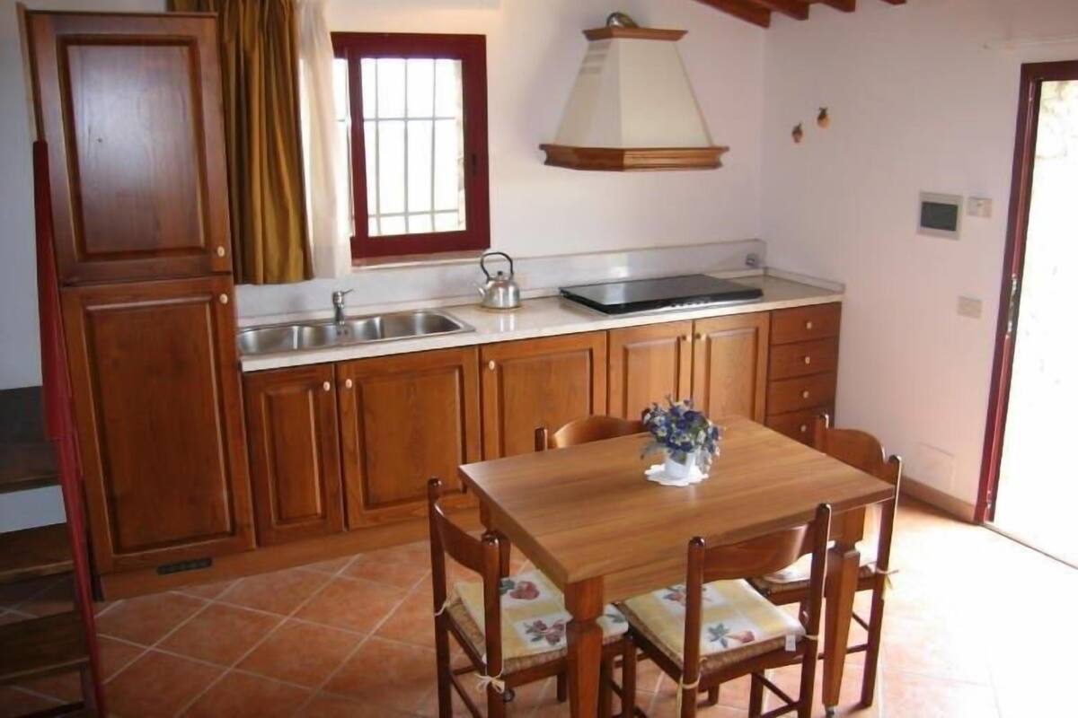 Una cocina con armarios de madera, un lavabo, una estufa y una mesa de comedor con sillas.