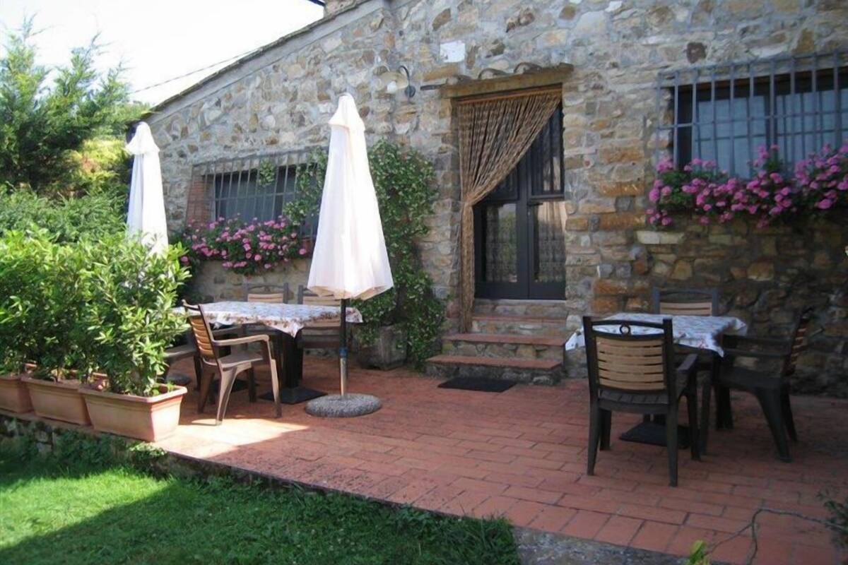 Un patio al aire libre con muros de piedra, dos mesas con sillas y plantas en macetas.