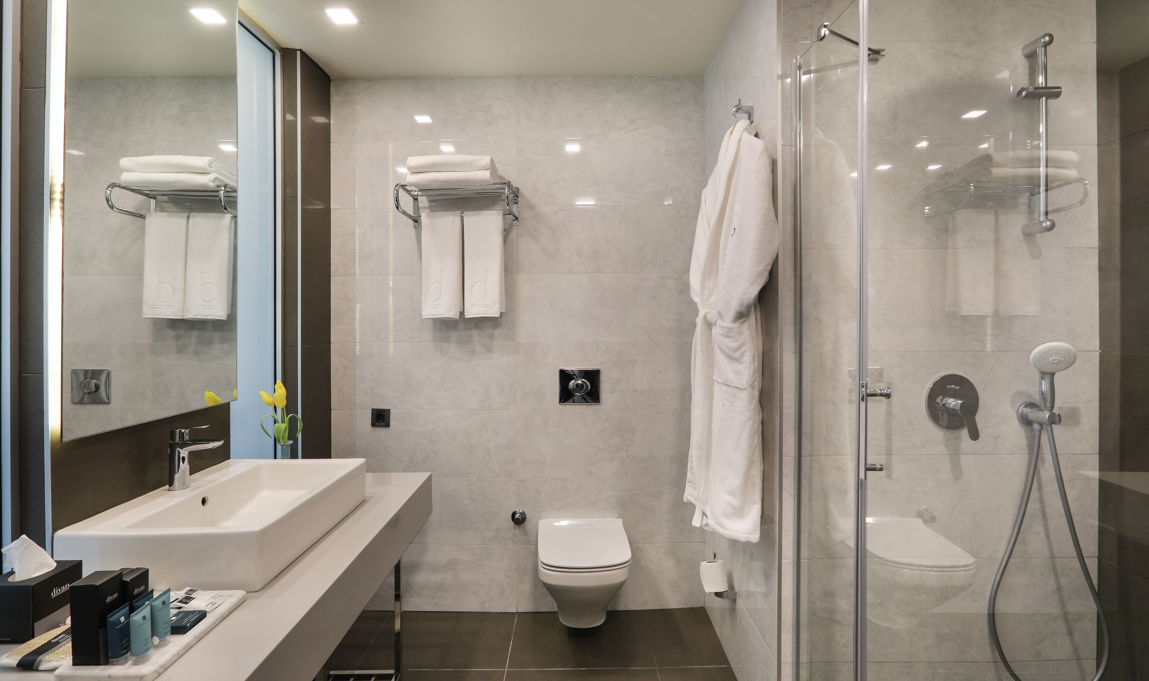 shower, rainfall showerhead, eco-friendly toiletries, hair dryer