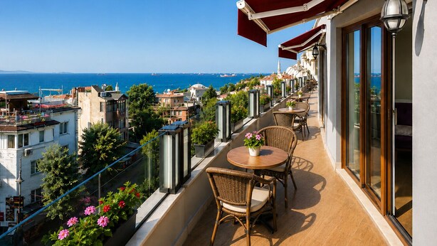 A balcony with wicker chairs and a table, overlooking a cityscape and the sea.