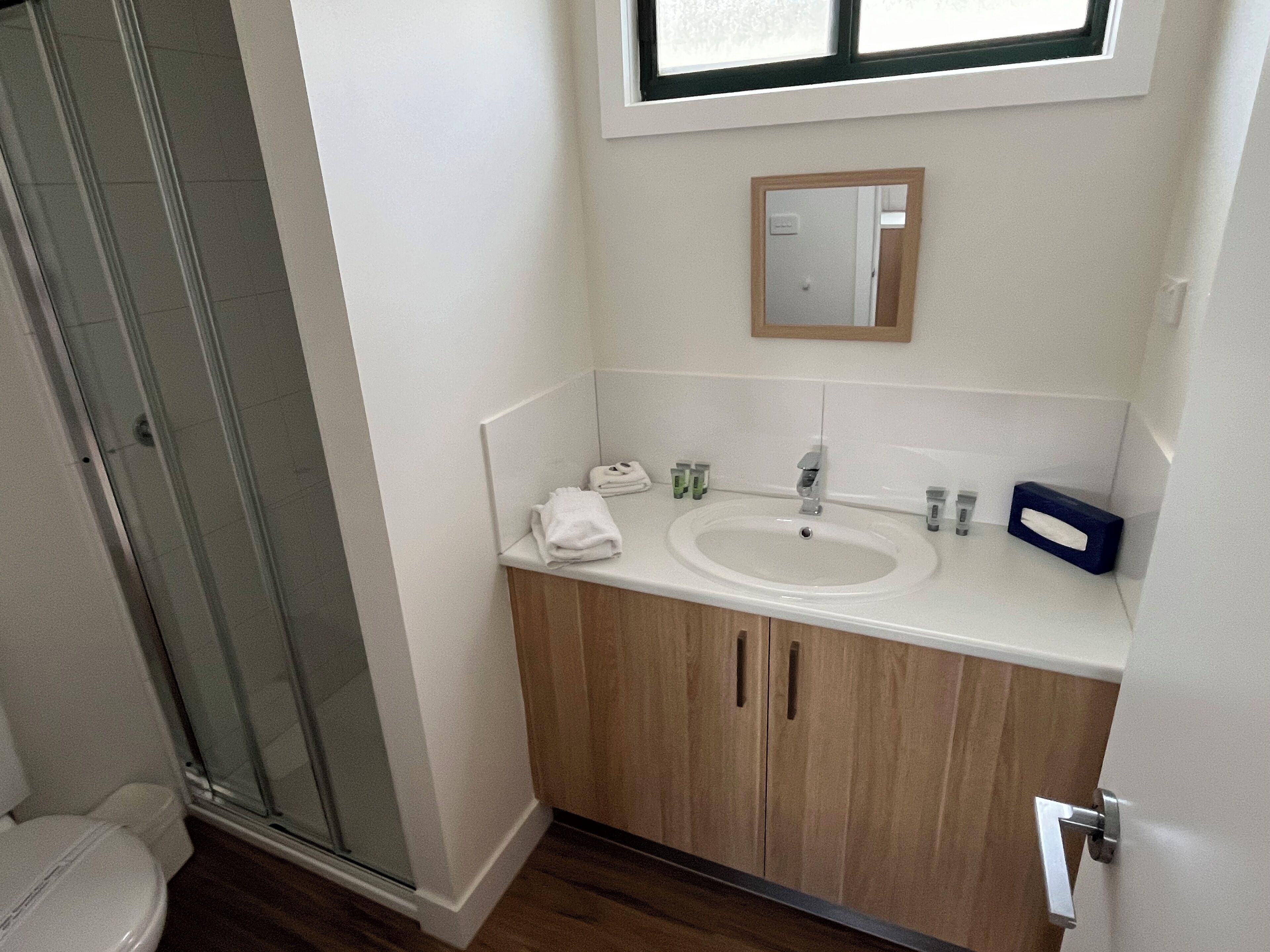 Une salle de bain avec une douche à parois de verre, un lavabo blanc, des meubles en bois et un miroir au-dessus du lavabo.