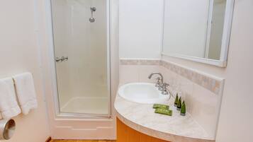 Un baño con ducha de vidrio, un lavamanos blanco y un espejo encima.