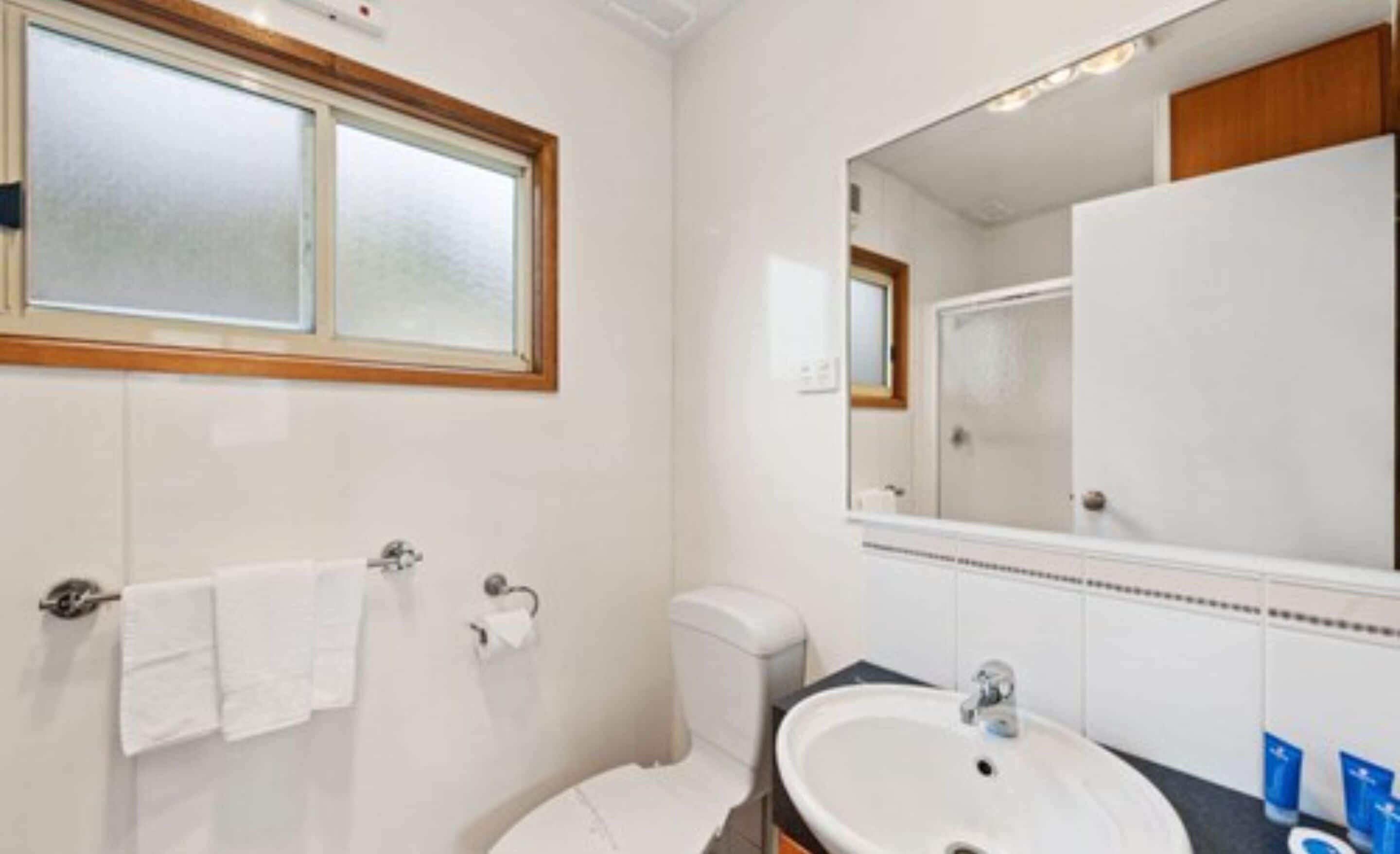 Un bagno con il water, un lavandino e uno specchio grande.