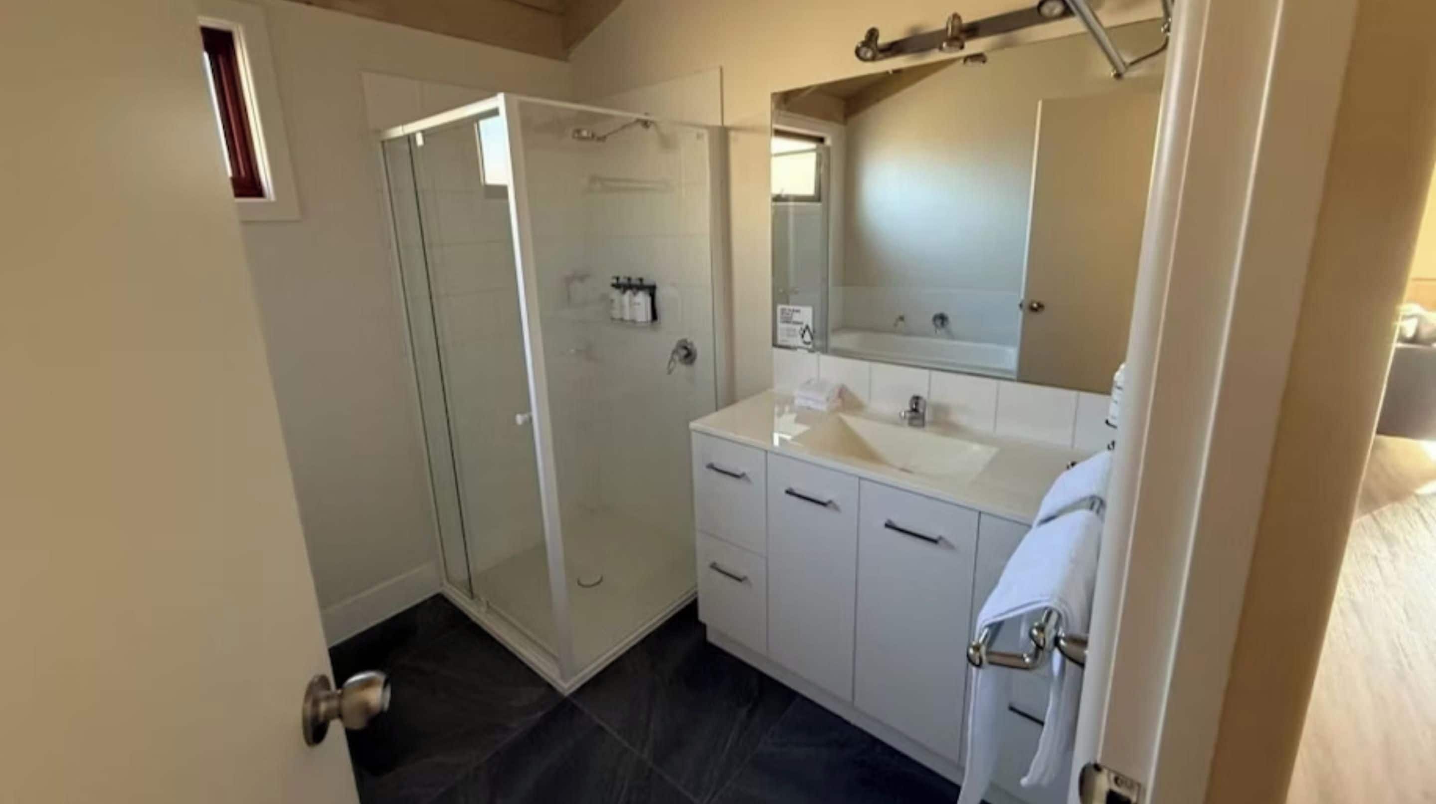 A bathroom with a glass shower enclosure, a white sink, and a mirror above the sink.