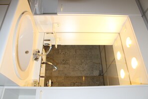 Economy vierpersoonskamer, meerdere bedden (Basement) | Badkamer | Een haardroger