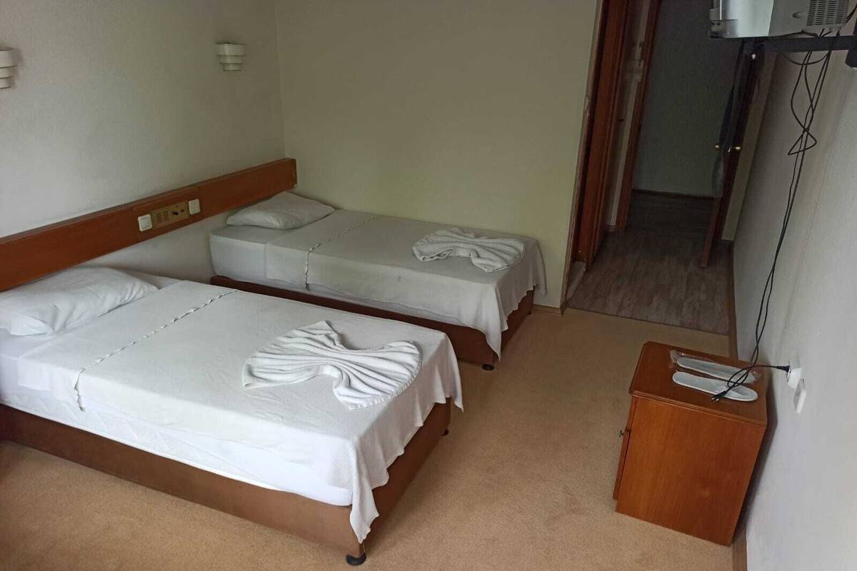 A room with two beds, a wooden nightstand, and a wall socket.