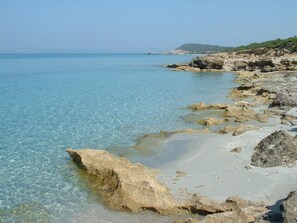 A coastal landscape with clear blue water, rocky shore, and distant hills.
