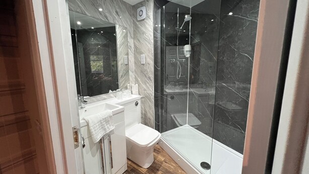 Un baño moderno con ducha envuelta en vidrio, un lavamanos blanco y un inodoro.
