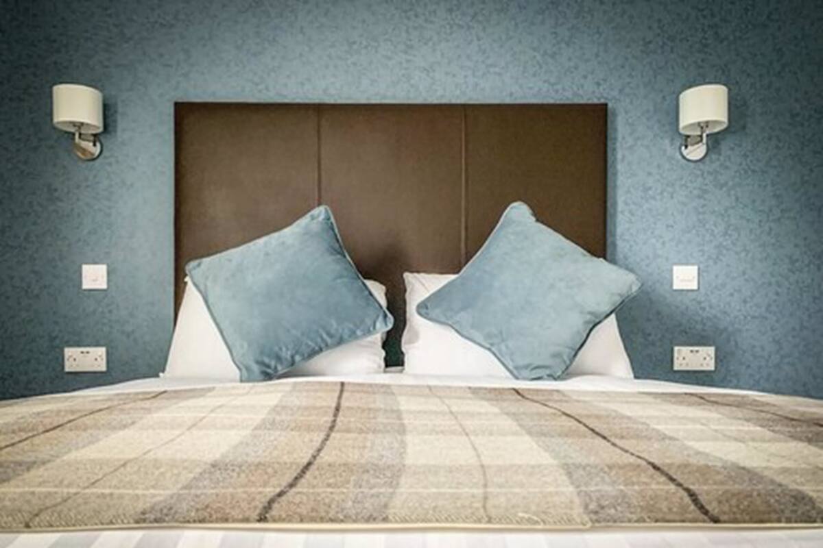 A bed with a headboard, two pillows, and a patterned rug.