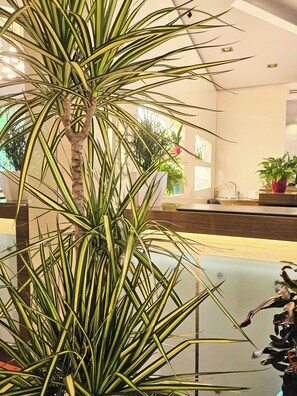 A reception area with a large potted plant, a reception desk, and a counter with a sink. - Hotel Campion CityLife (Milan)
