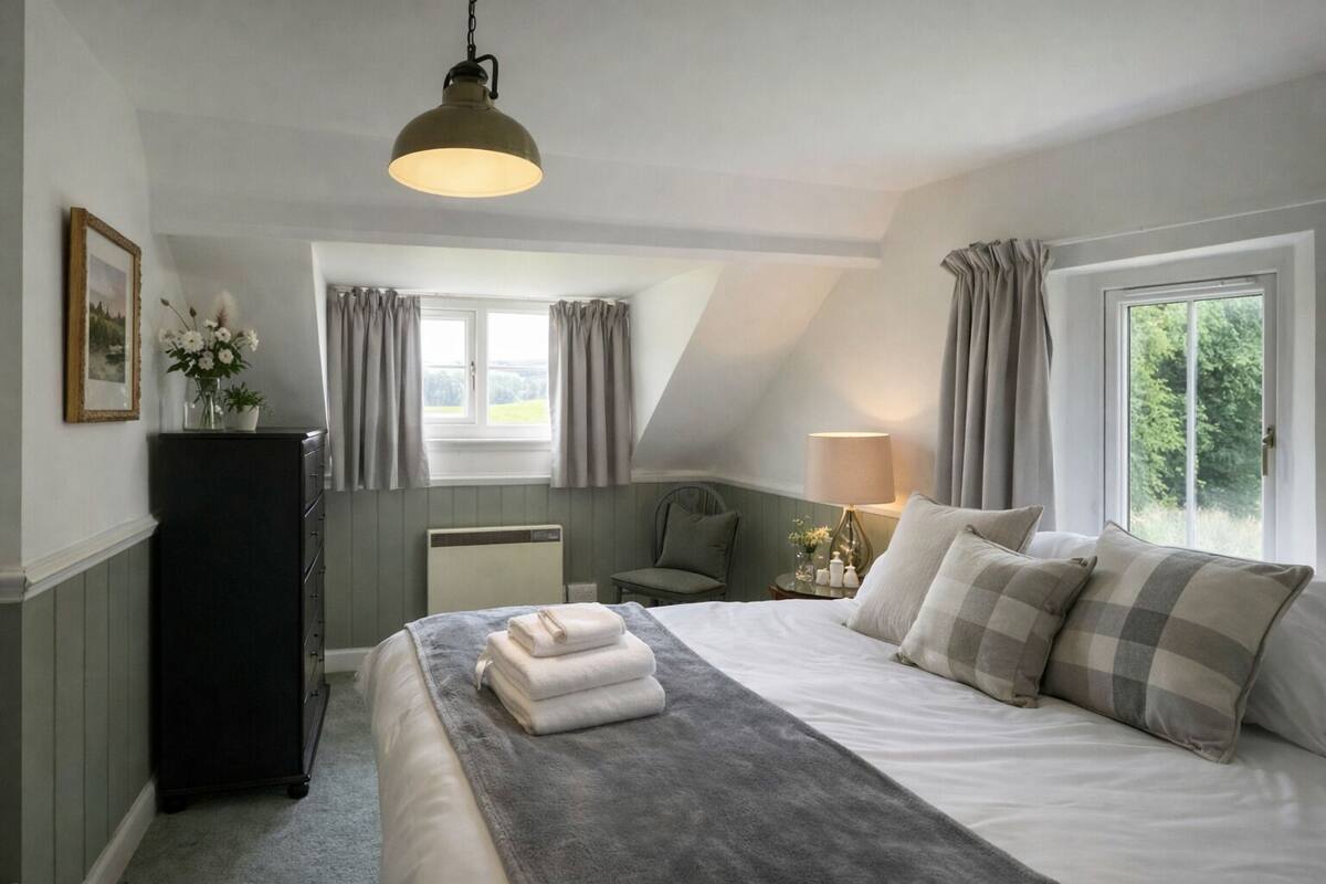 A bedroom with a bed, a dresser, a lamp, and a window with curtains.