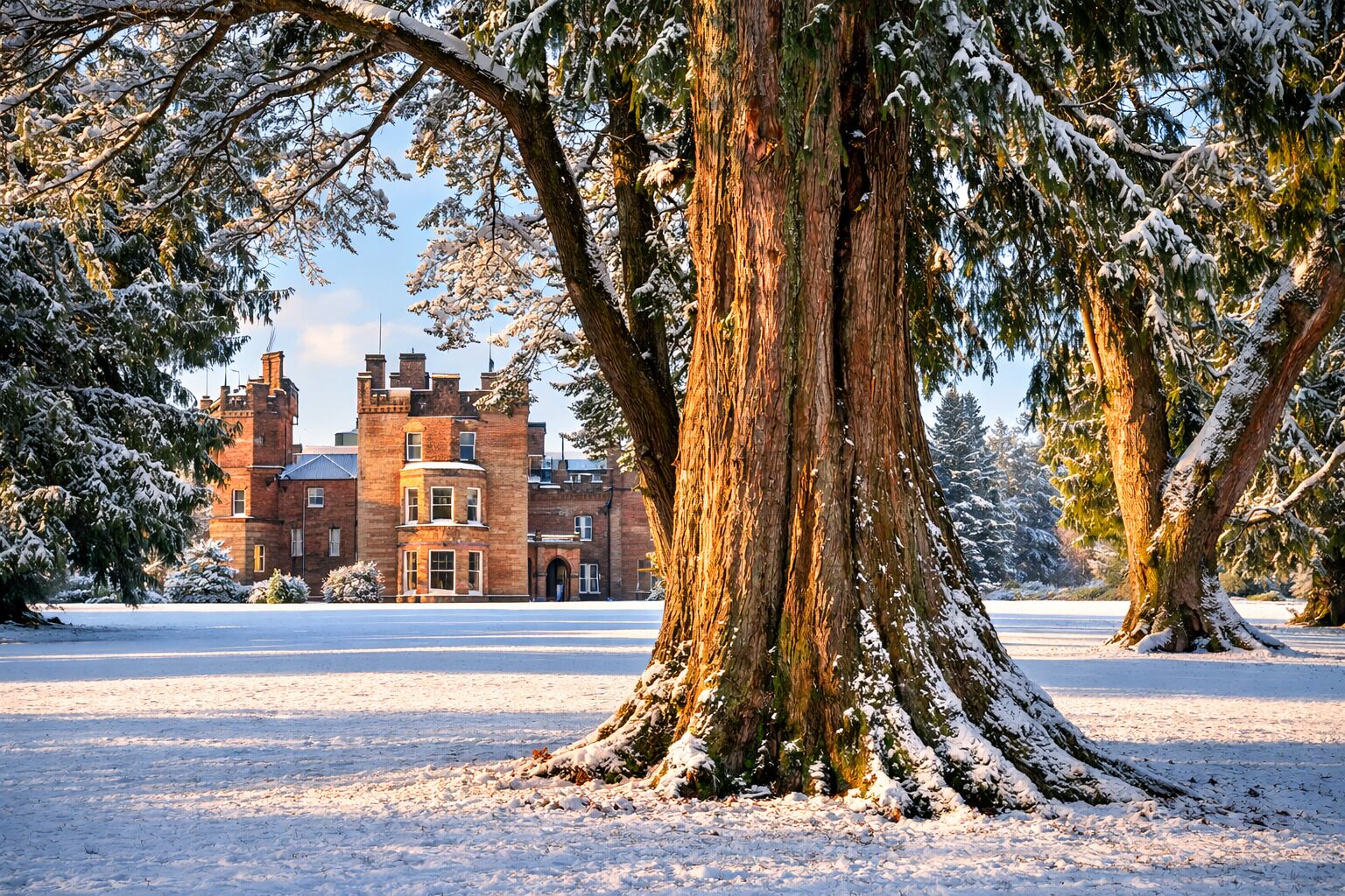A snow-covered landscape with a large tree in the foreground and a castle-like building in the background.