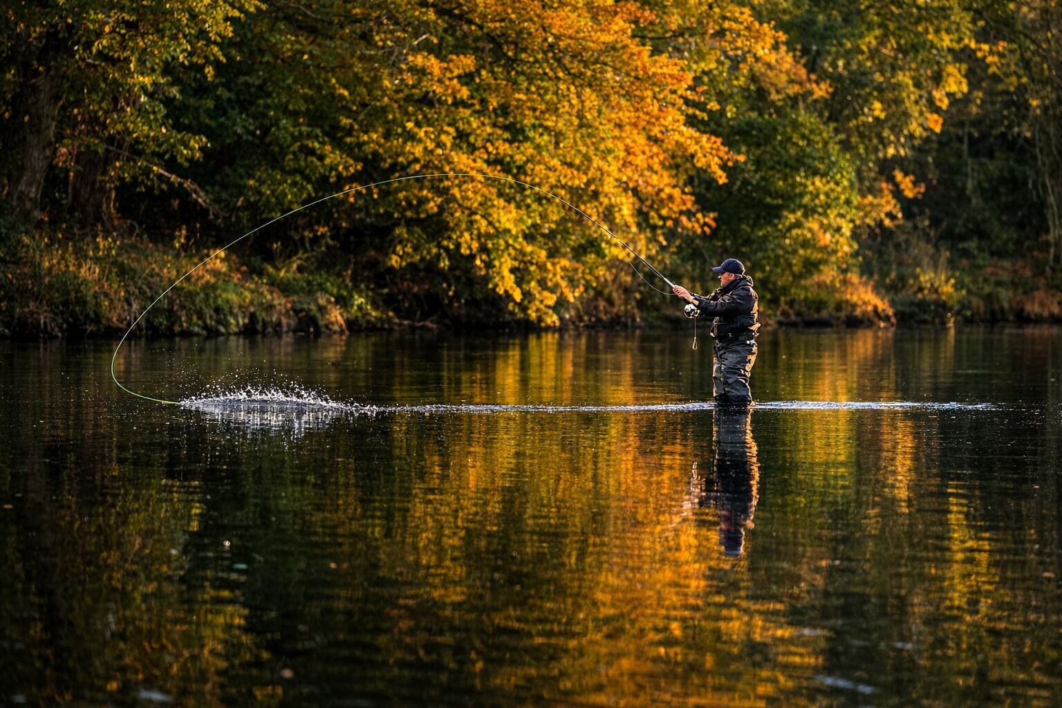 A person fishing in a calm river surrounded by trees.