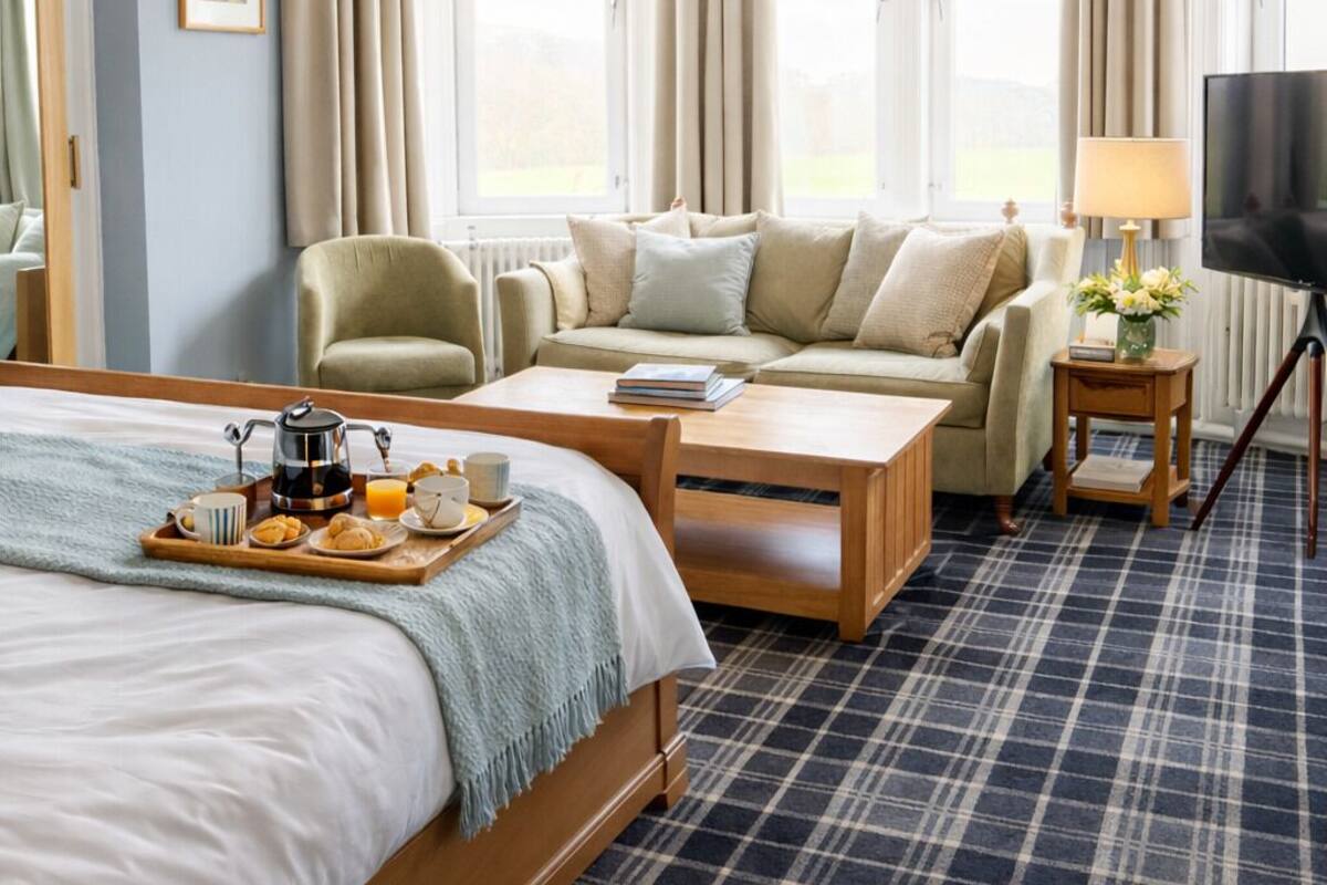 A hotel room with a bed, a sofa, a coffee table, a TV, and a window with curtains.