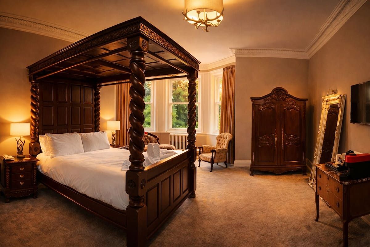A four-poster bed with a wooden frame, a nightstand with a lamp, a chair, a wardrobe, and a mirror.