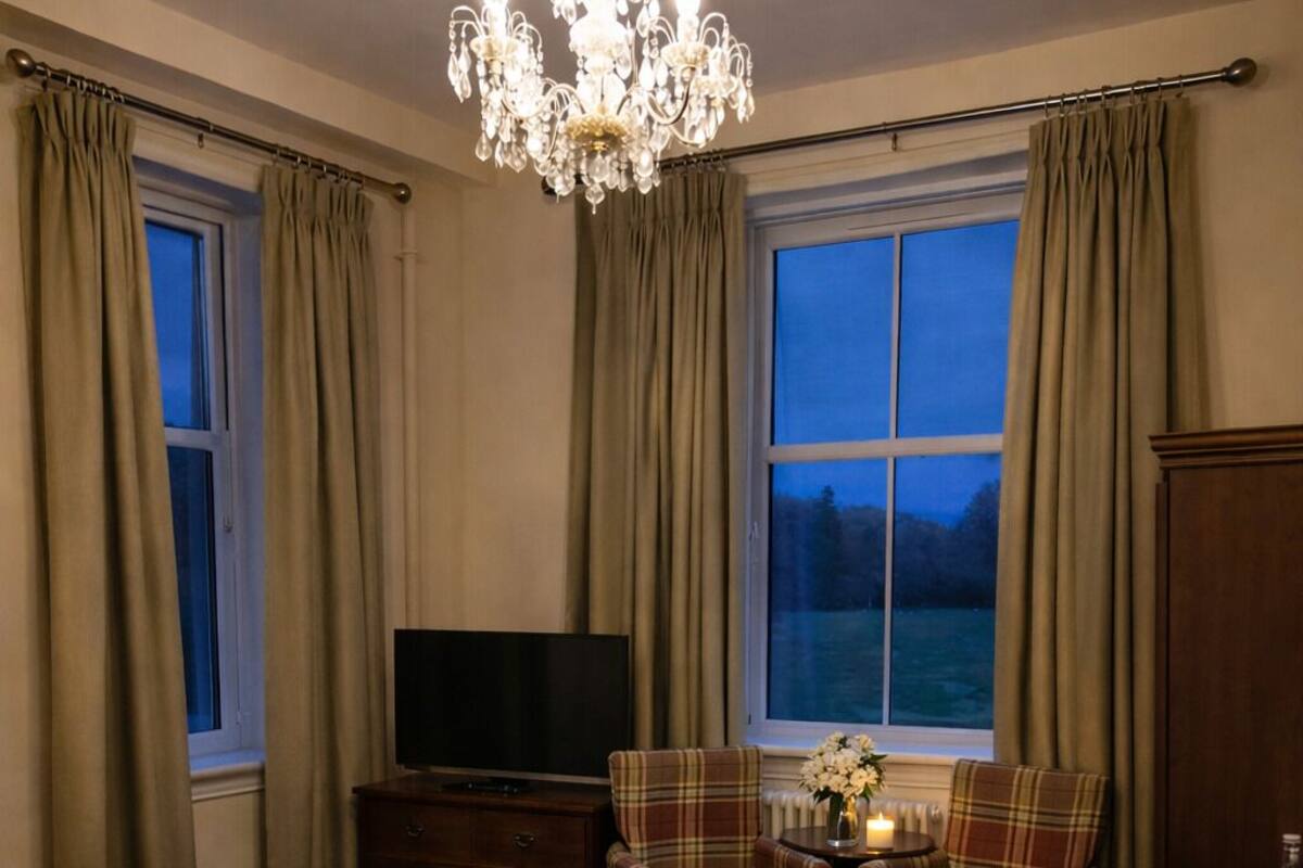 A hotel room with a large bed, a TV, a chandelier, a table with chairs, and a view of the outdoors.