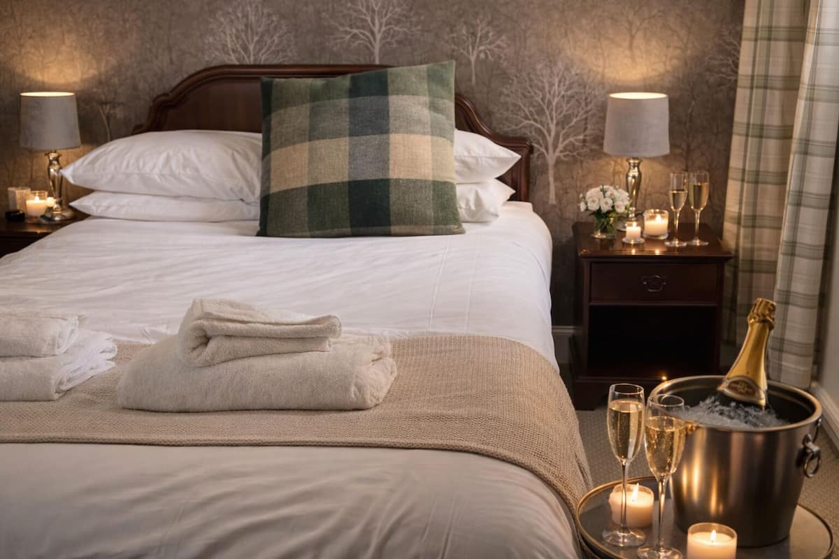 A neatly made bed with white linens, a green and white checkered throw pillow, and a bottle of champagne in a bucket. There are two lit candles on the bedside table and a glass of champagne on the floor.