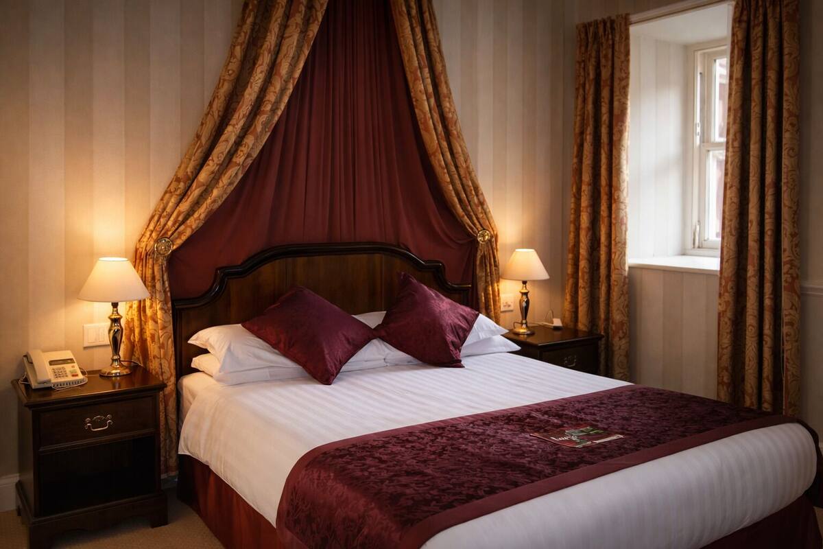 A hotel room with a four-poster bed, two bedside lamps, a telephone, and a window with curtains.