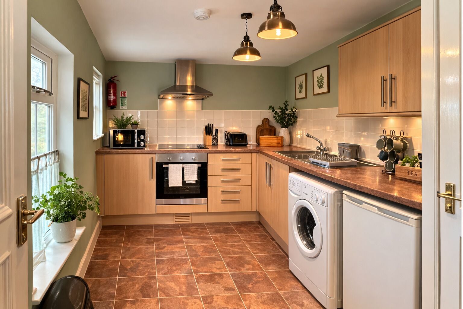 A compact kitchen with a stainless steel oven, a built-in washing machine, and a sink.