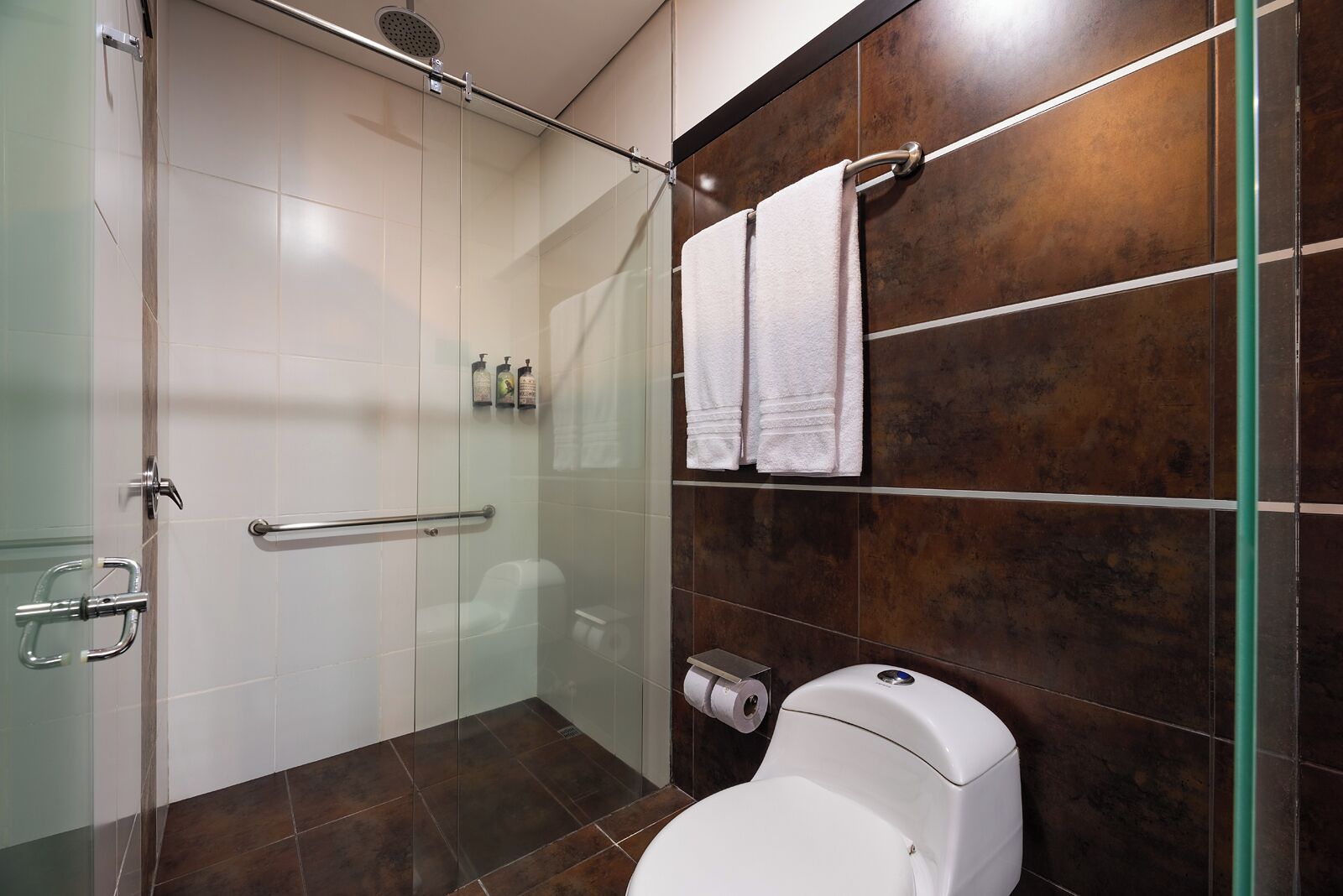 A modern bathroom with a glass shower enclosure, a toilet, and a towel rack.