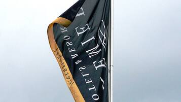A flag with the text "HOTEL" and "HOTEL GROUP" on a flagpole.