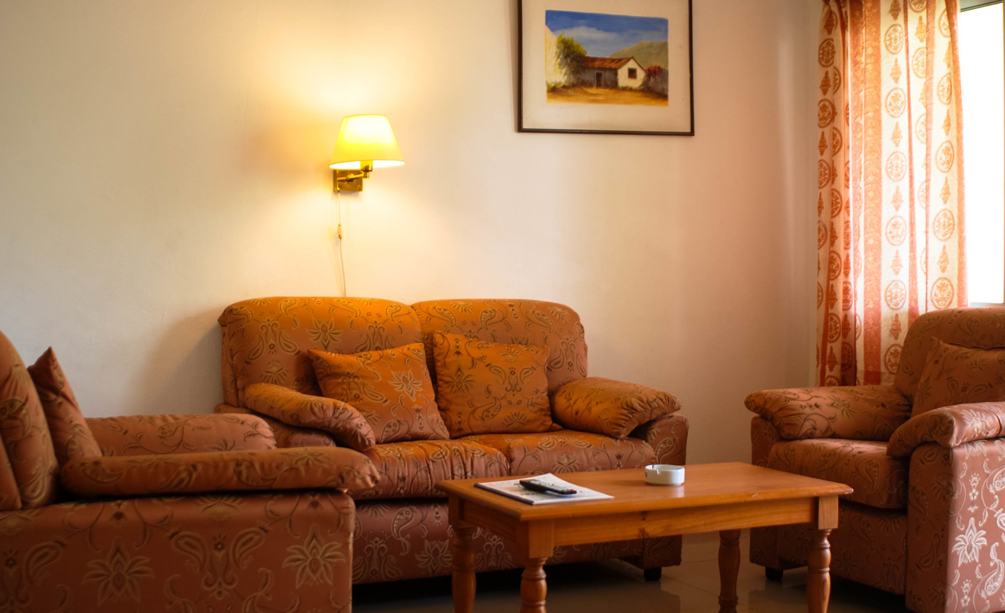 A living room with two sofas and a coffee table, a wall-mounted lamp, and a framed painting.