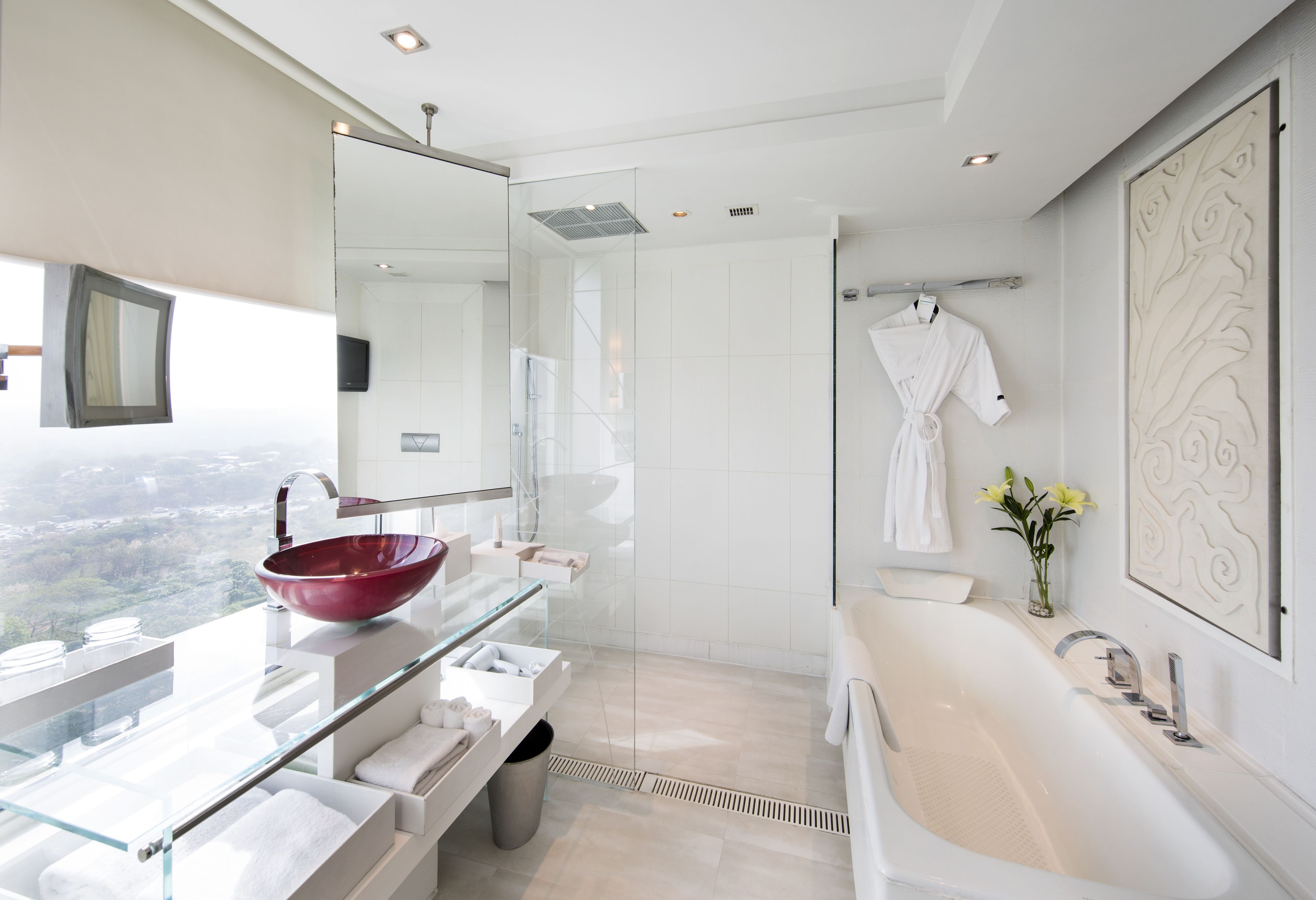 premier room | bathroom | separate bathtub and shower, deep-soaking bathtub, rainfall showerhead